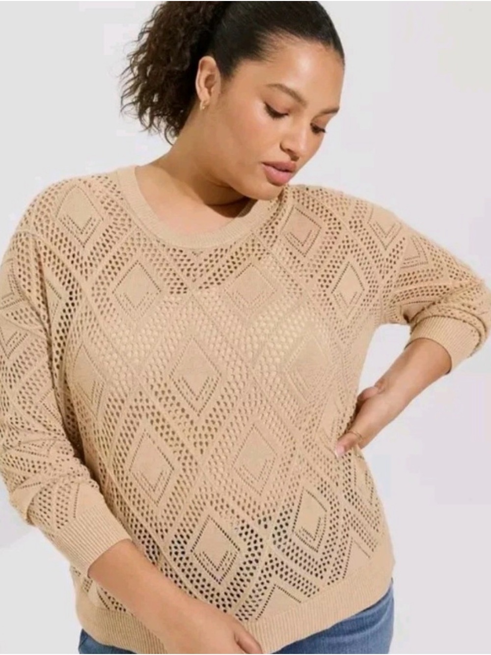torrid Beige Openwork Diamond Crew Neck Sweater